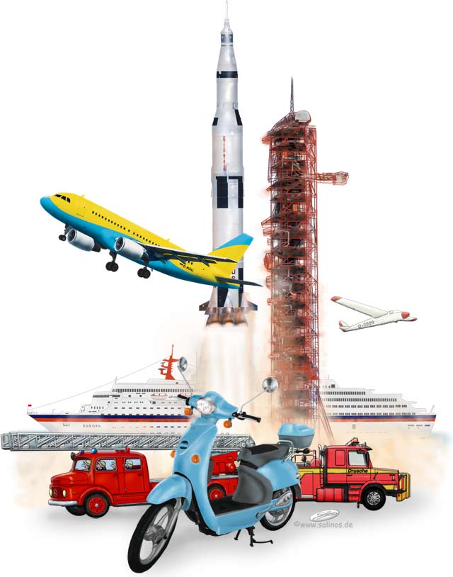 Transport, Verkehr und Raumfahrt: Collage aus Schiff, Flugzeugen, LKW's, Elektroroller etc.
