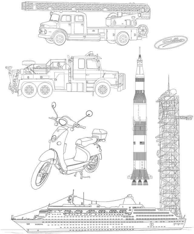 Passagierschiff, Feuerwehr, LKW's, Elektroroller und Saturnrakete als vektorisierte Illustration